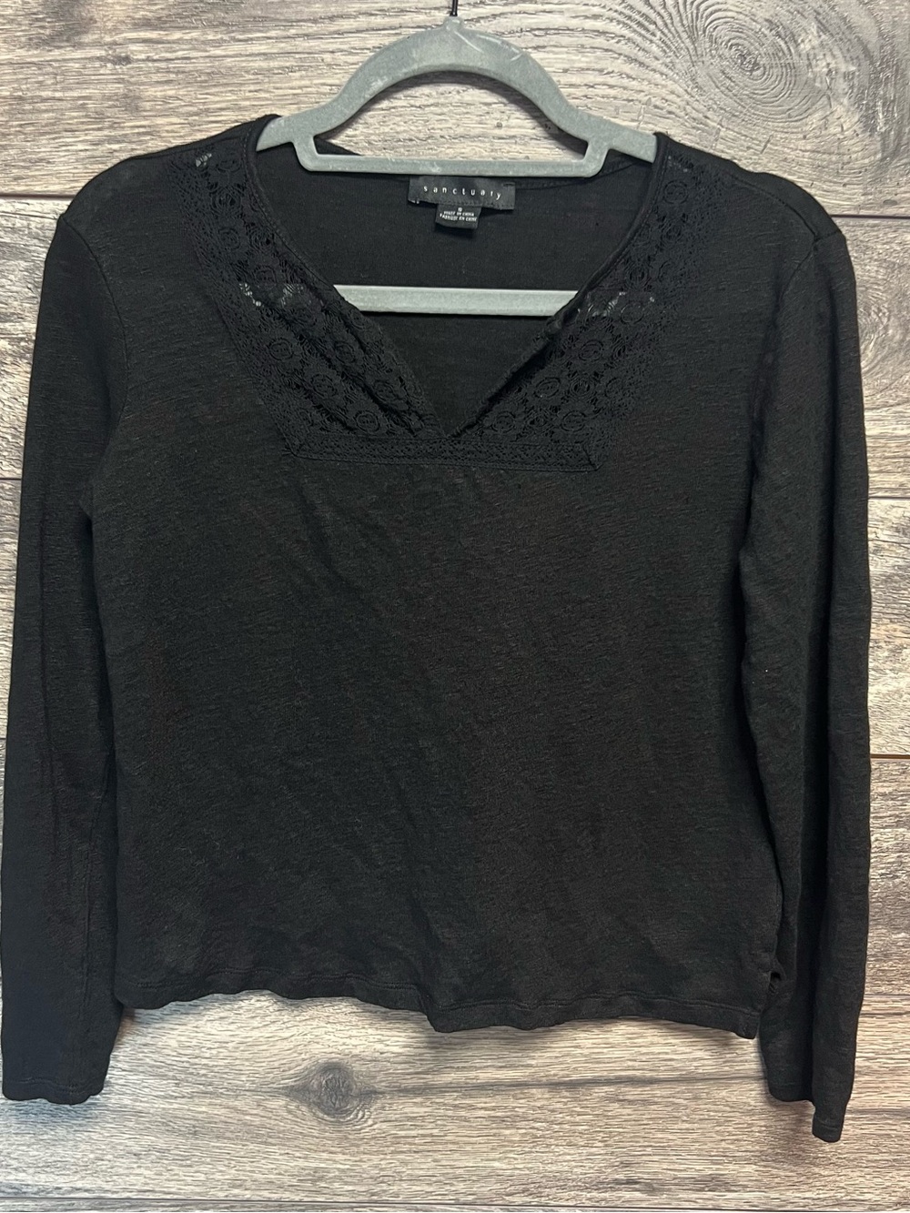 Sanctuary Black Linen Blend Long Sleeve Lace Trim Boho Top Women’s Small